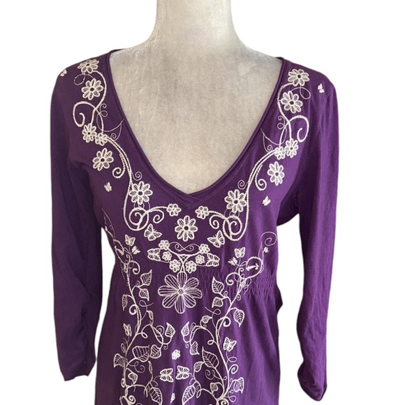 Johnny Was Purple Embroidered Floral Butterfly Long Ruched Sleeve Knit Dress - M - Picture 2 of 10